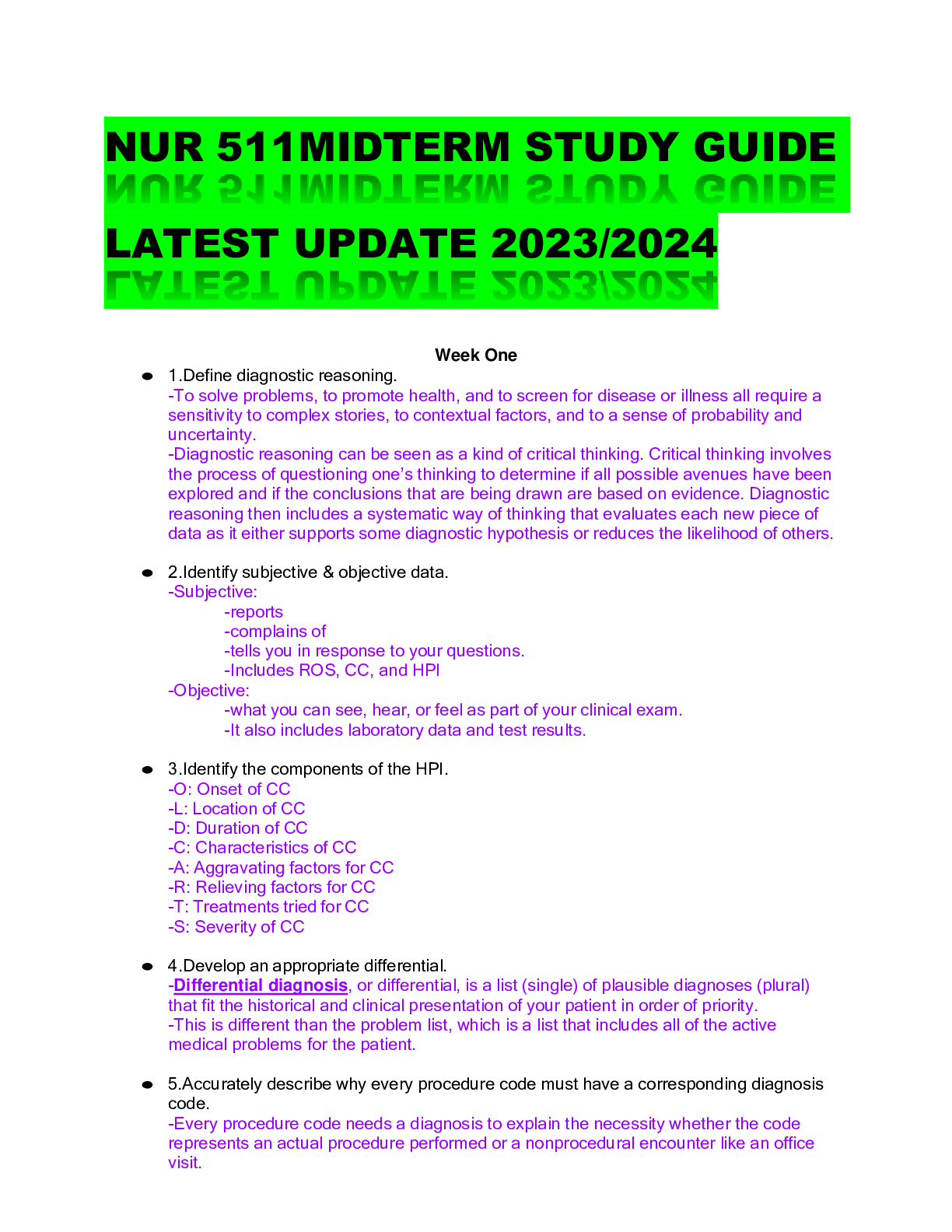Preview of NUR 511MIDTERM STUDY GUIDE LATEST UPDATE 2023/2024